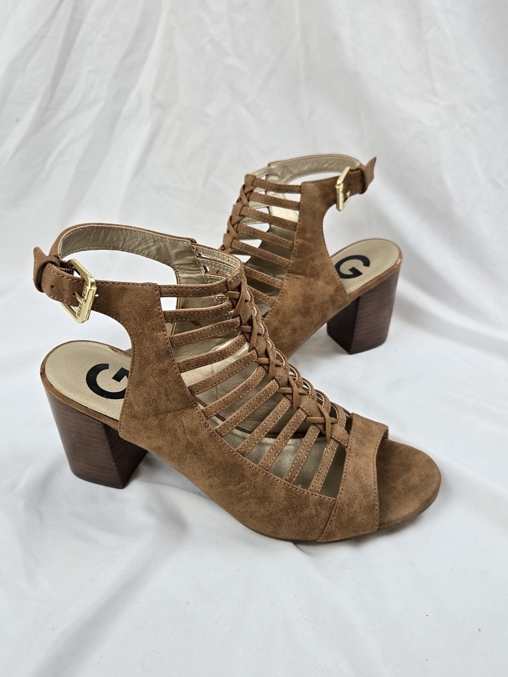 GUESS Brown Caged Gladiator Sandals Women’s 8M Suede Block Heel